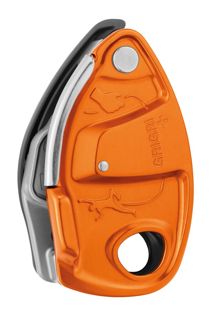 GRIGRI+ -Assicuratore con bloccaggio assistito mediante camma e maniglia antipanico, arancio